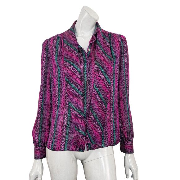 Vtg ST. JOHN Tie Neck Blouse in Purple print long sleeve size 6 - Picture 6 of 11